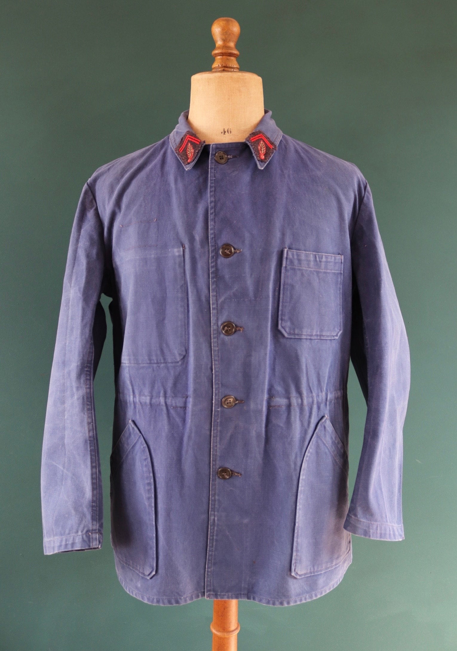 Vintage French blue workwear jacket 1960s pompier fireman cotton twill work chore faded 46” chest bleu de travail