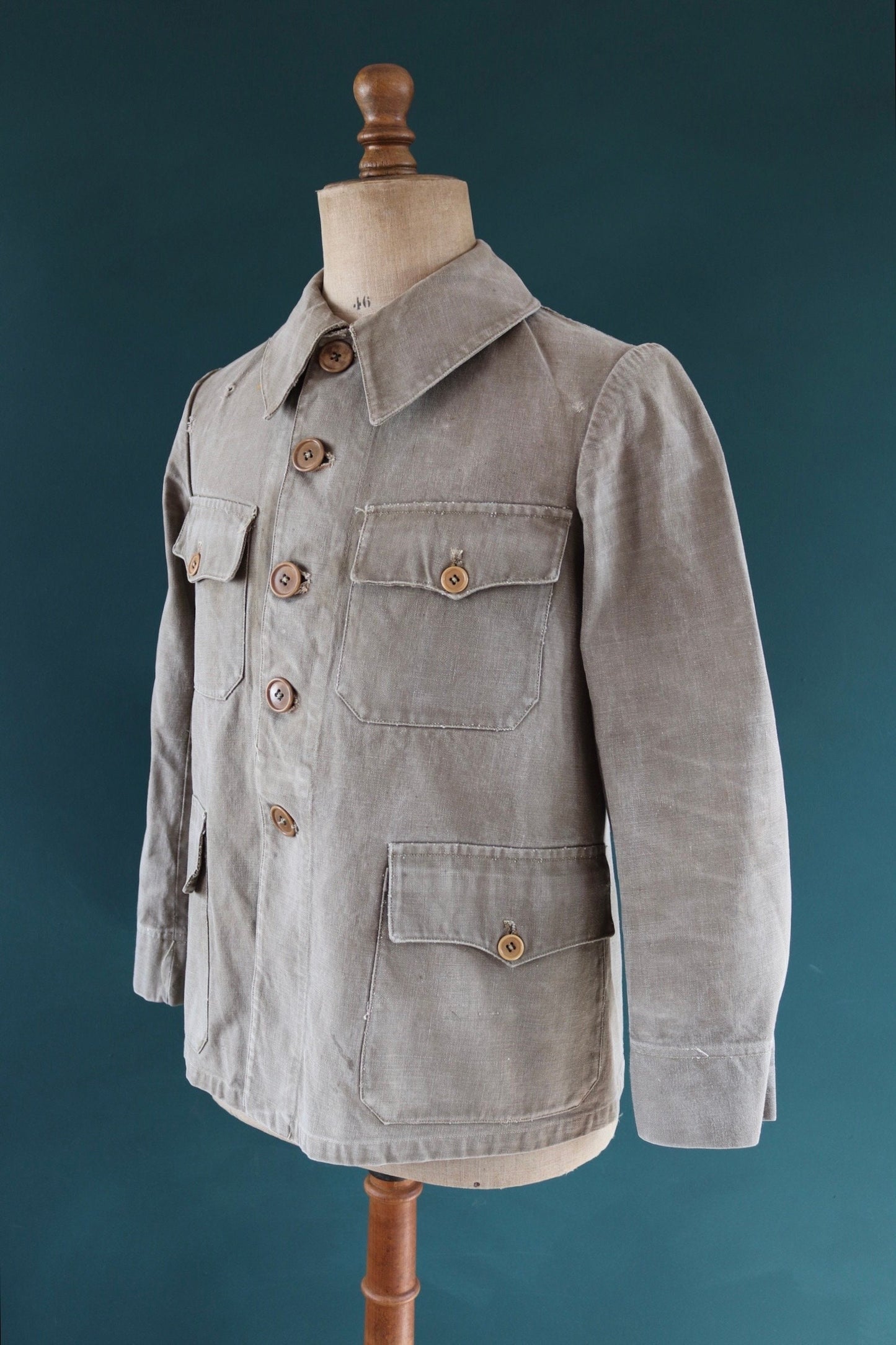 Vintage French workwear jacket 1940s brown thick cotton canvas work chore 38” chest walrus collar
