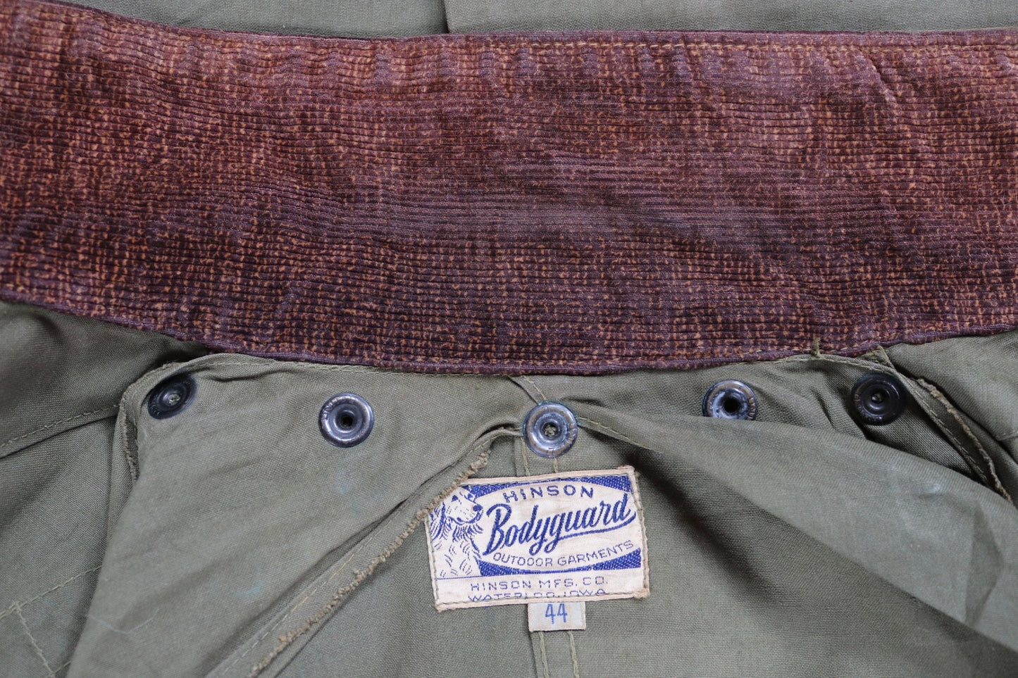 Vintage 1950s 50s Hinson Bodyguard khaki green tin cloth cotton canvas hunting jacket 50" chest work workwear chore shooting waterproof