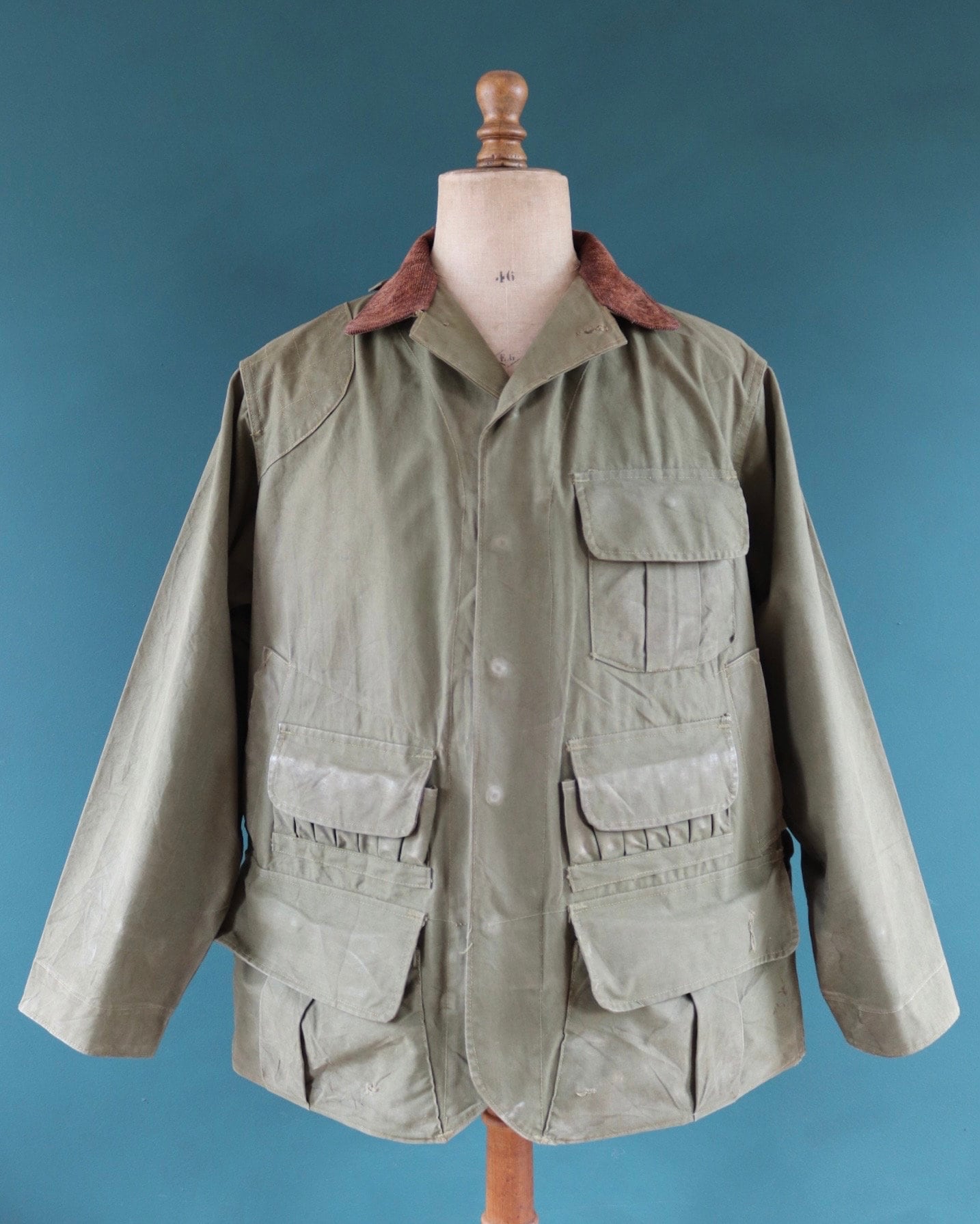 Vintage 1950s 50s Hinson Bodyguard khaki green tin cloth cotton canvas hunting jacket 50" chest work workwear chore shooting waterproof