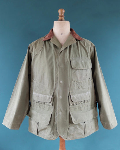 Vintage 1950s 50s Hinson Bodyguard khaki green tin cloth cotton canvas hunting jacket 50" chest work workwear chore shooting waterproof