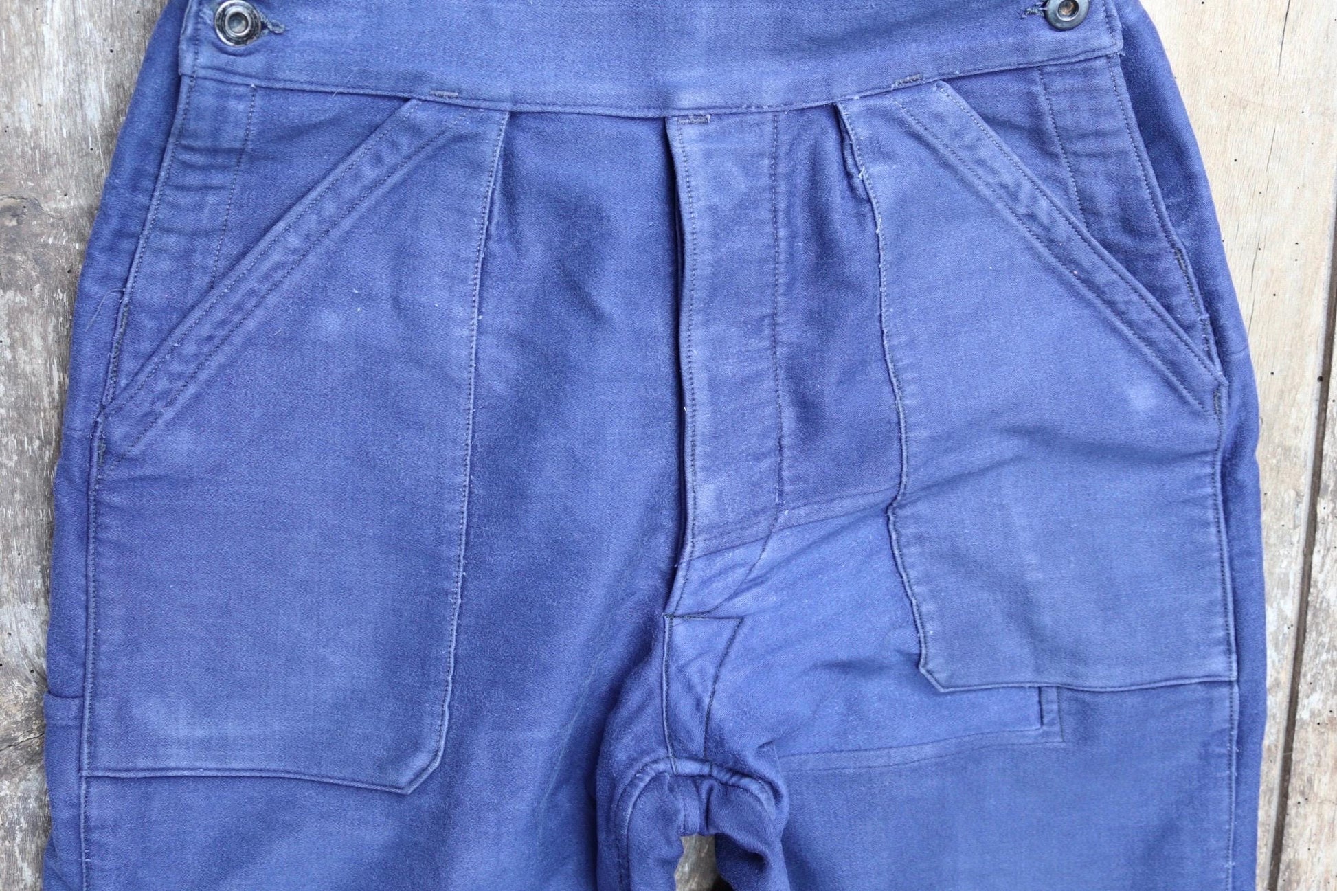 Vintage French workwear overalls dungarees moleskin 1950s 1960s work chore bib brace 27” 28” x 26” bleu de travail