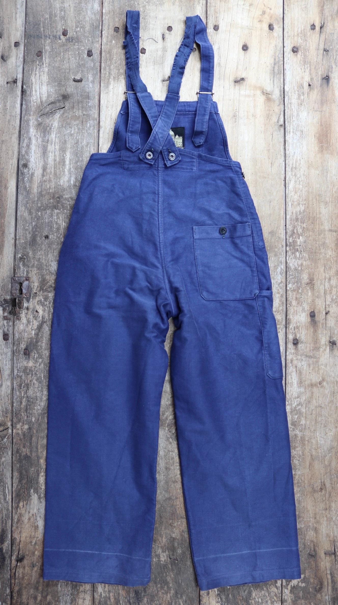 Vintage 1950s French blue moleskin overalls - workwear dungarees - 27" 28" x 26"