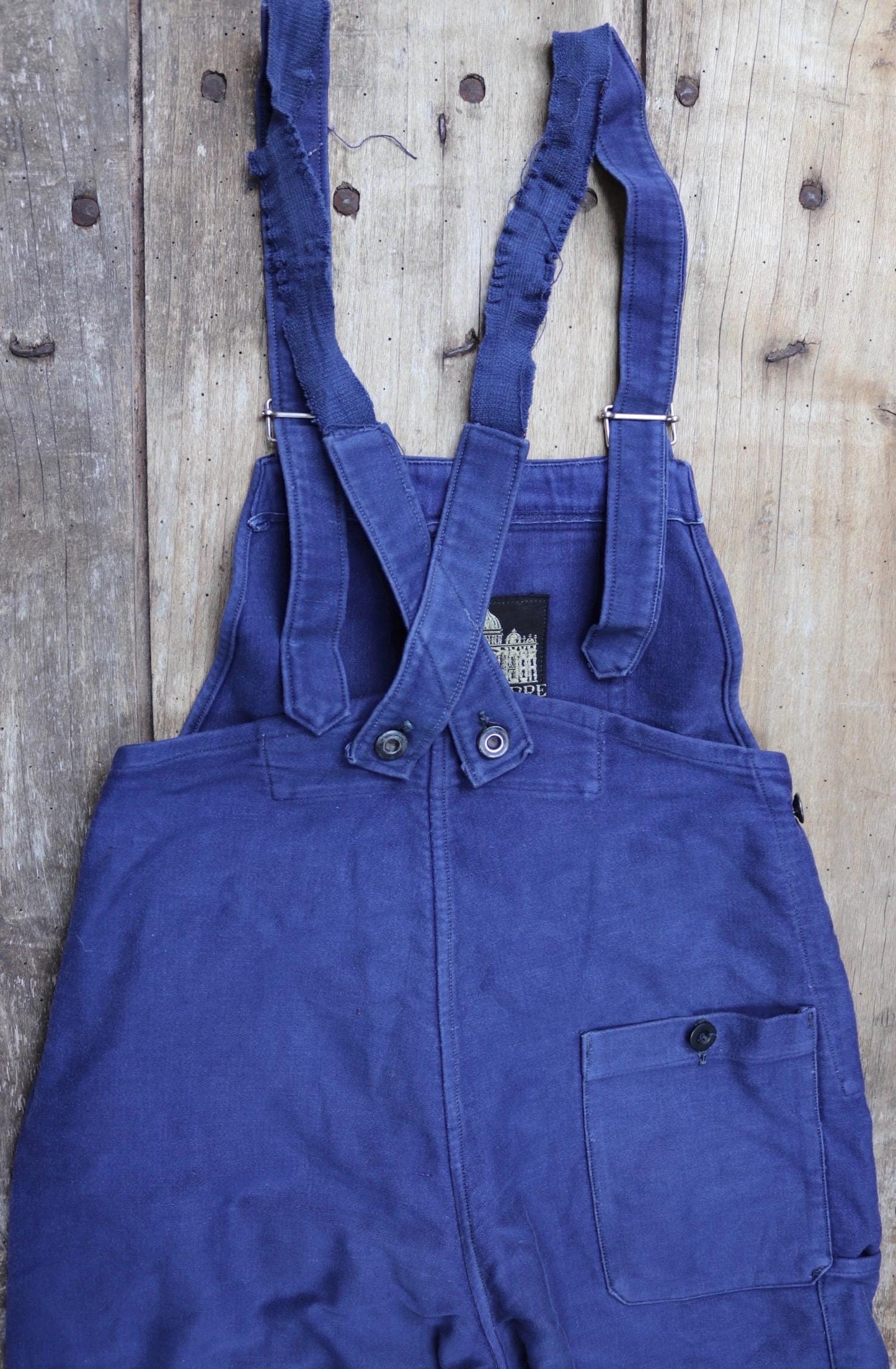 Vintage French workwear overalls dungarees moleskin 1950s 1960s work chore bib brace 27” 28” x 26” bleu de travail