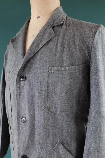 Vintage French workwear jacket salt pepper grey long coat overall 1950s 1960s factory machinist 44” chest selvedge