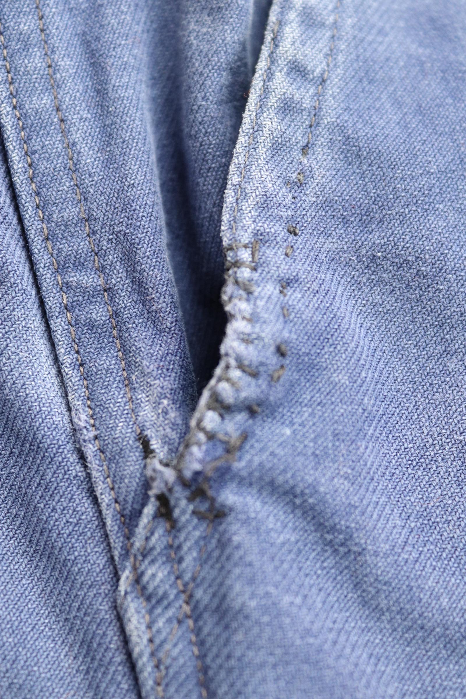 Vintage French workwear trousers pants 1940s 1950s indigo cotton twill work chore 38” x 29” buckle back fishtail
