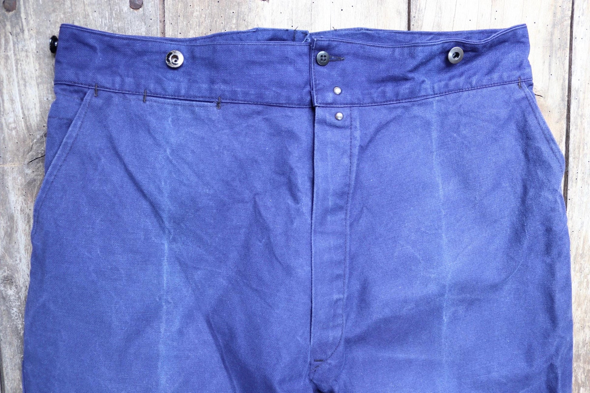 Vintage French work trousers pants 1950s workwear indigo cotton twill chore 37” x 26” high waist