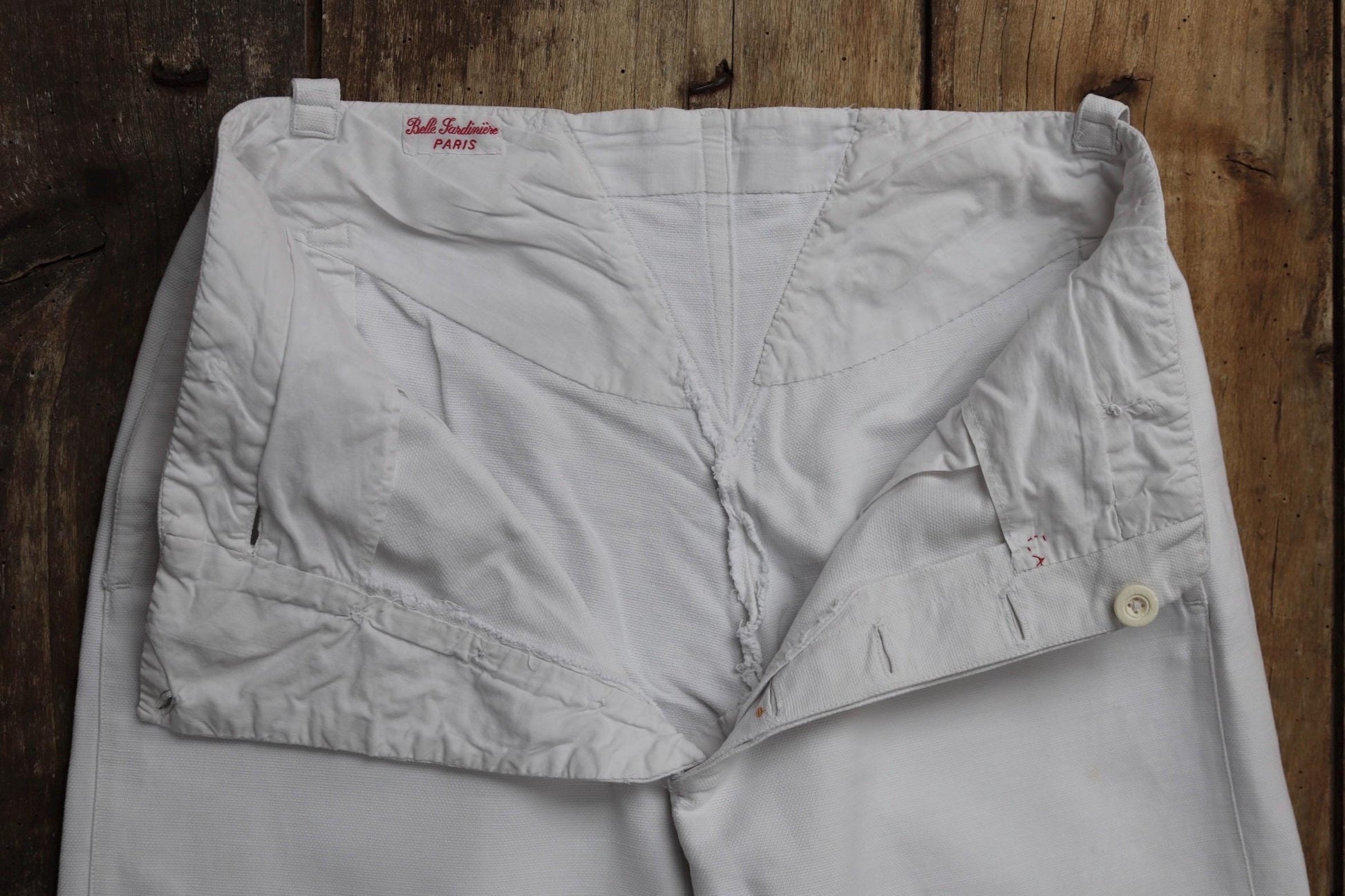 Vintage French shorts antique Belle Jardiniere 1910s 1920s white cotton work workwear chore 28” x 11”