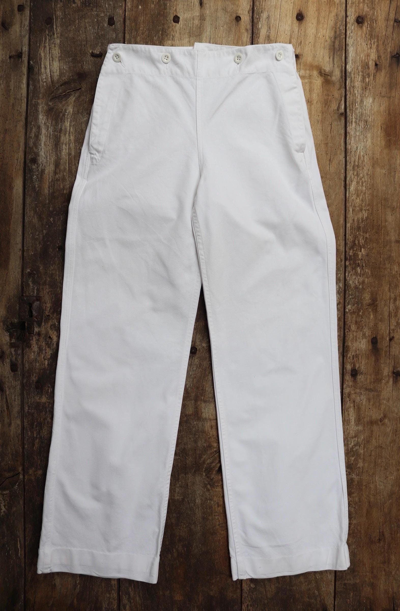 Vintage French trousers pants white cotton 1960s Marine Nationale navy naval 27” x 29” riviera beach bell bottoms fall front