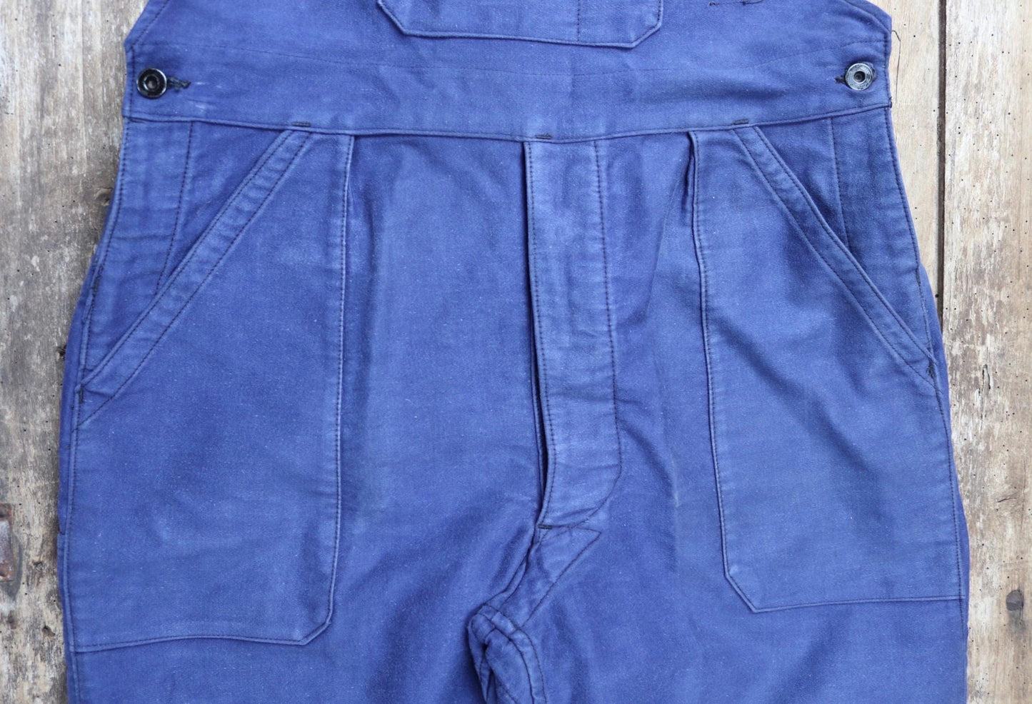 Vintage French workweara overalls dungarees moleskin 1950s 1960s work chore bib brace 34” x 27” bleu de travail