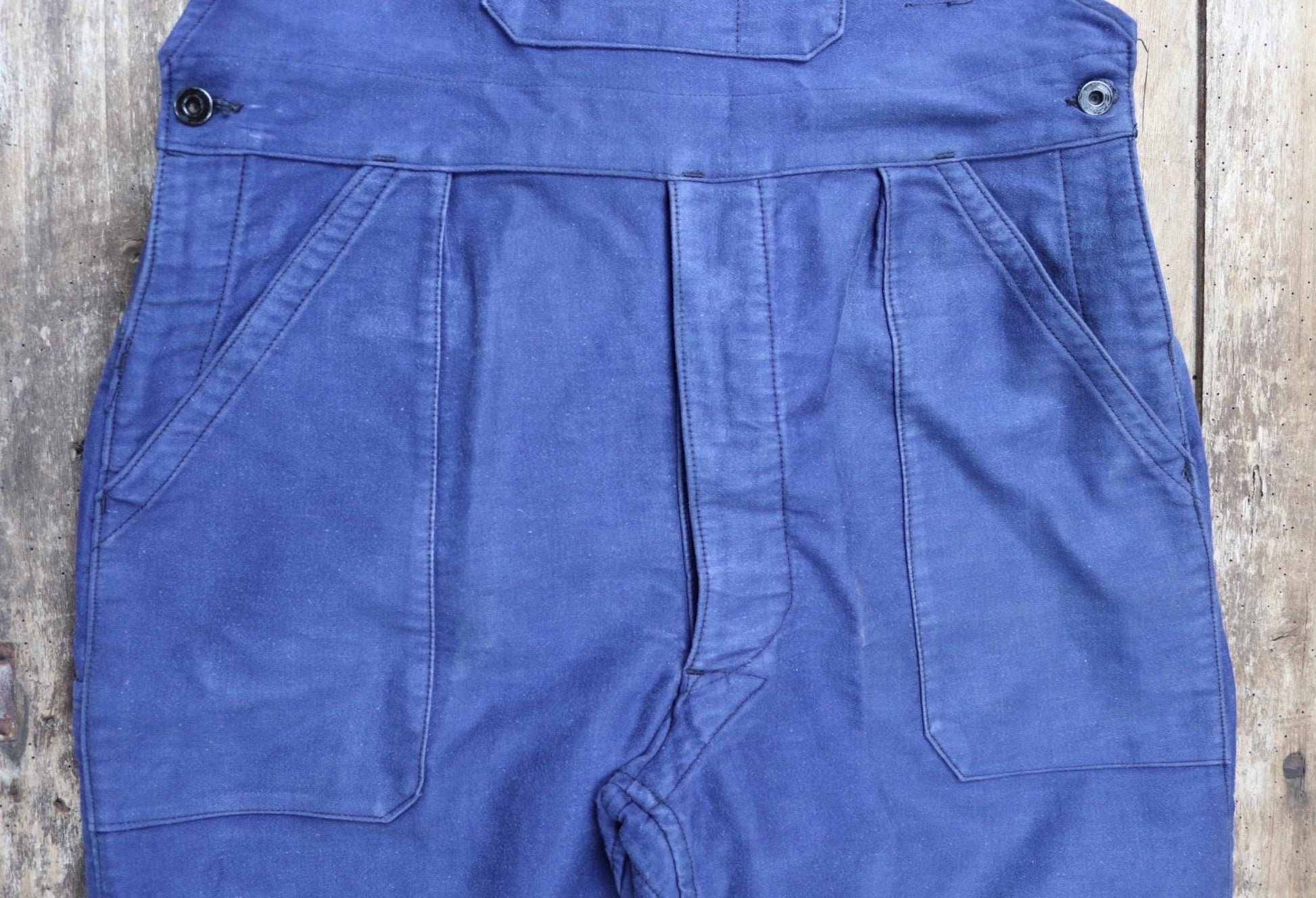 Vintage French workweara overalls dungarees moleskin 1950s 1960s work chore bib brace 34” x 27” bleu de travail
