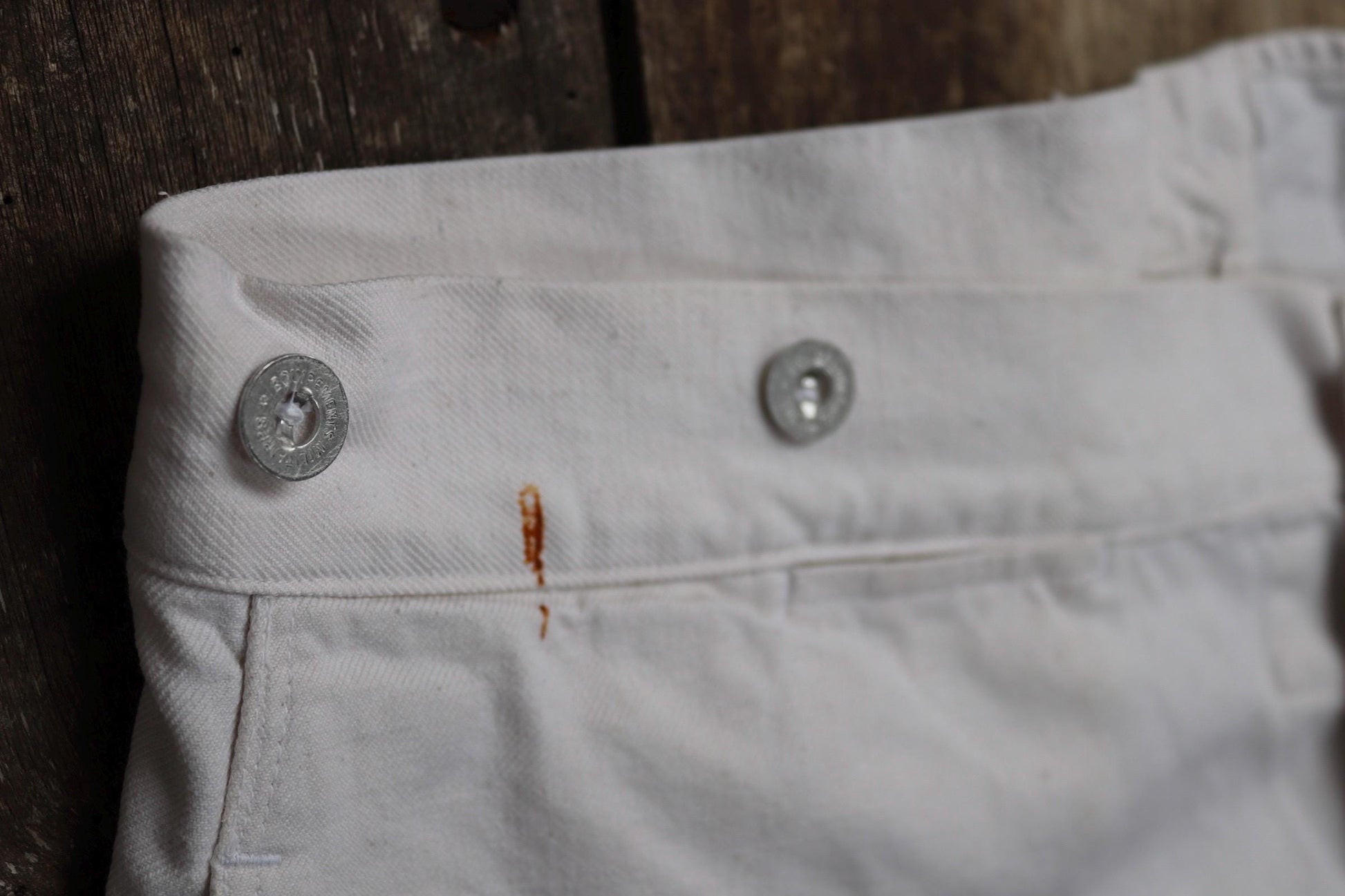 Vintage French buckle back trousers workwear 1940s 1950s deadstock military hospital ecru work chore 41” x 33”