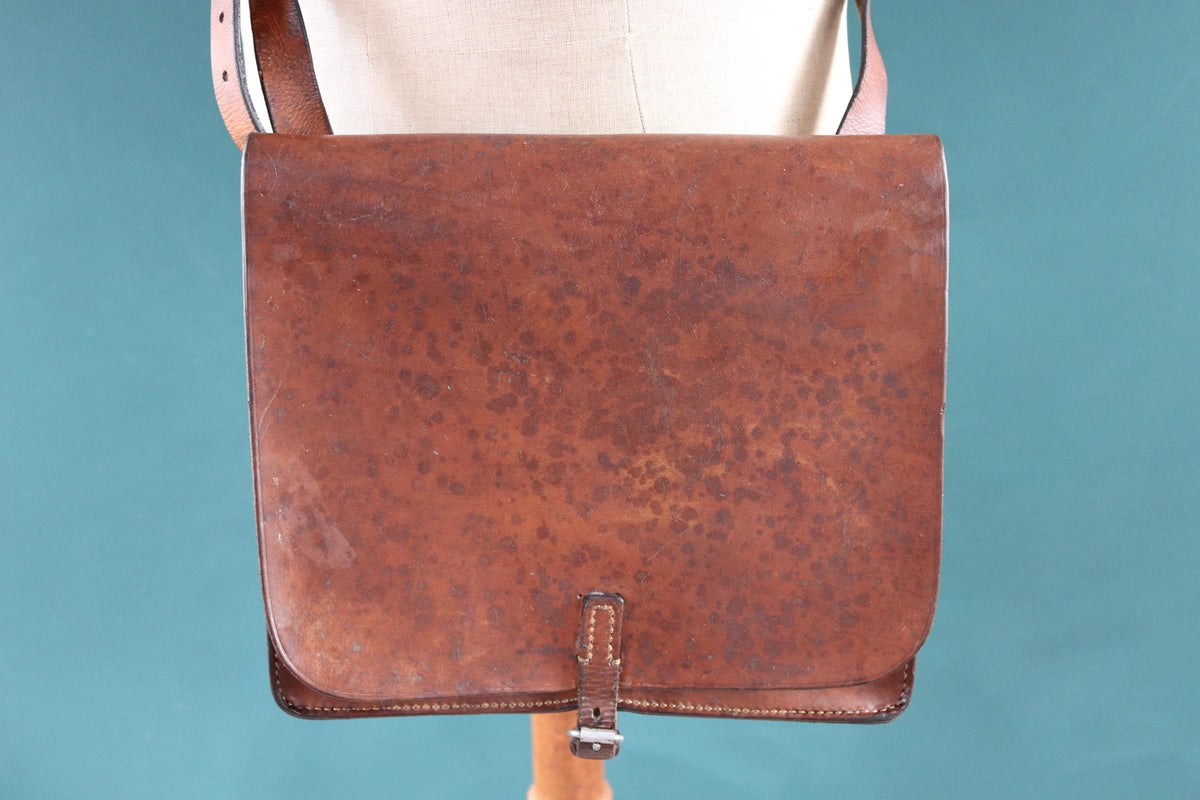 Vintage 1930s brown leather bag - 1940s Swedish military workwear - shoulder satchel - luggage