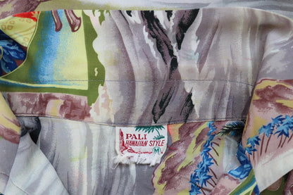 Vintage 1950s 50s Pali Eugene Savage King Kamehameha volcano print rayon Hawaiian tiki shirt Aloha Universal World 46” chest