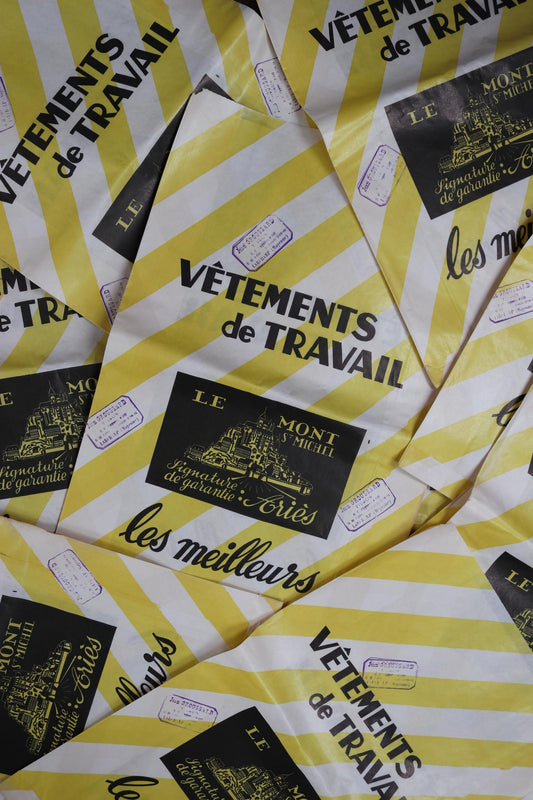 Vintage 1950s French workwear advertising - deadstock paper bag - Le Mont St Michel print art - yellow white stripe - for display