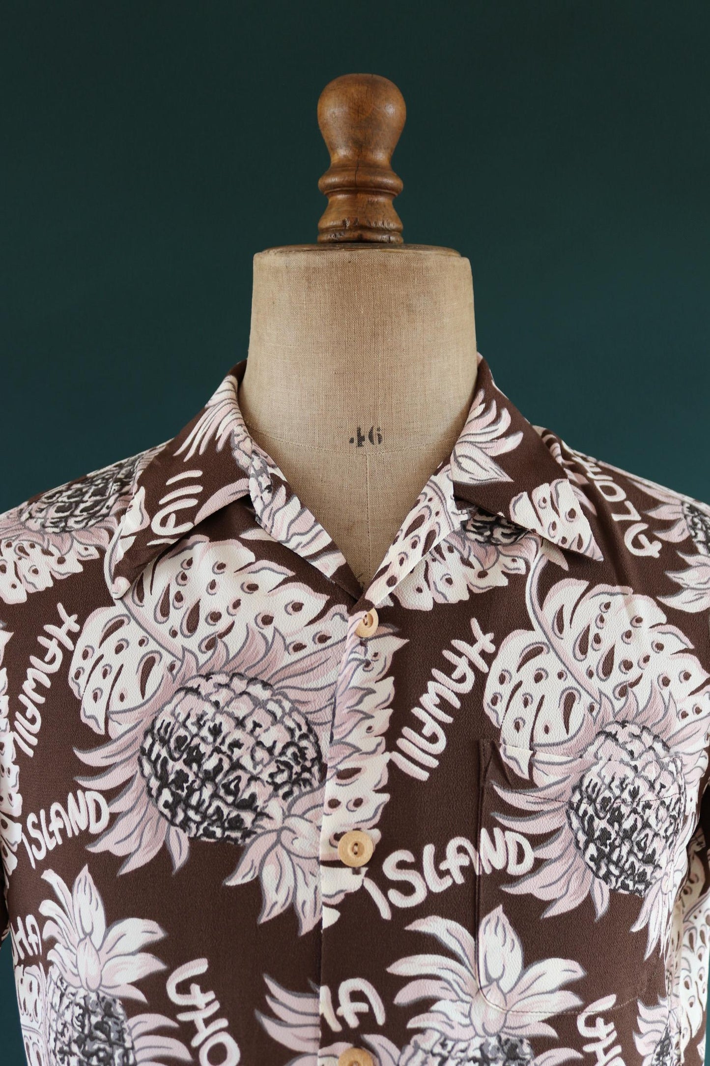 Vintage Edwin rayon Hawaiian shirt - reproduction - brown pink - pineapple print - tiki Aloha - 42” chest