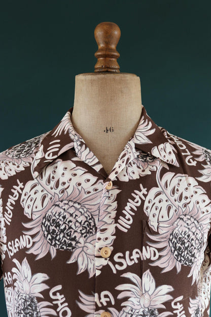 Vintage Edwin rayon Hawaiian shirt - reproduction - brown pink - pineapple print - tiki Aloha - 42” chest