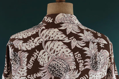 Vintage Edwin rayon Hawaiian shirt - reproduction - brown pink - pineapple print - tiki Aloha - 42” chest