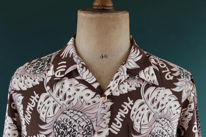 Vintage Edwin rayon Hawaiian shirt - reproduction - brown pink - pineapple print - tiki Aloha - 42” chest