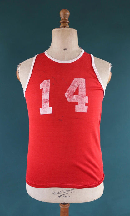 Vintage 1960s 60s vest singlet red white nylon durene 14 athletics sportswear basketball 37" chest