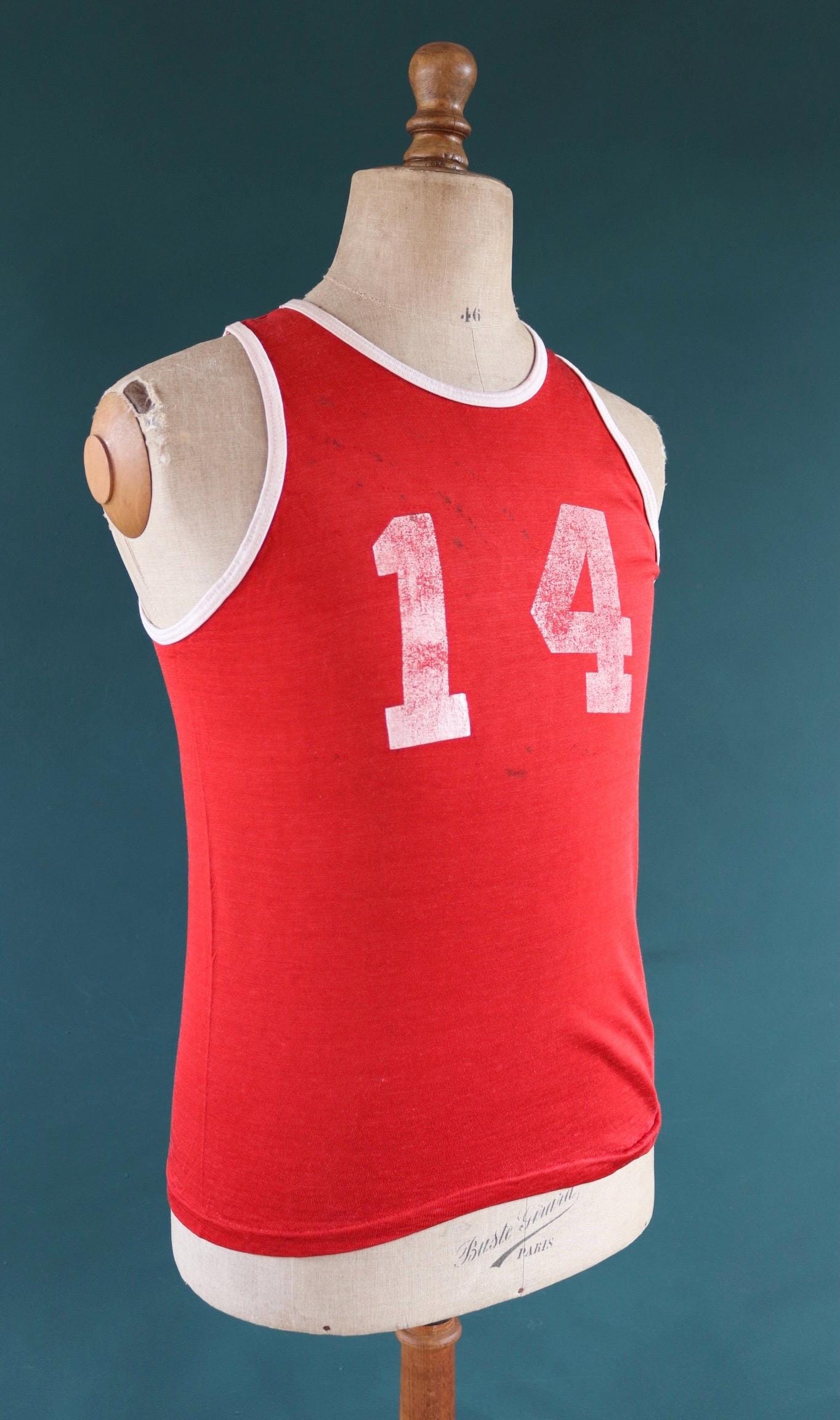 Vintage 1960s 60s vest singlet red white nylon durene 14 athletics sportswear basketball 37" chest