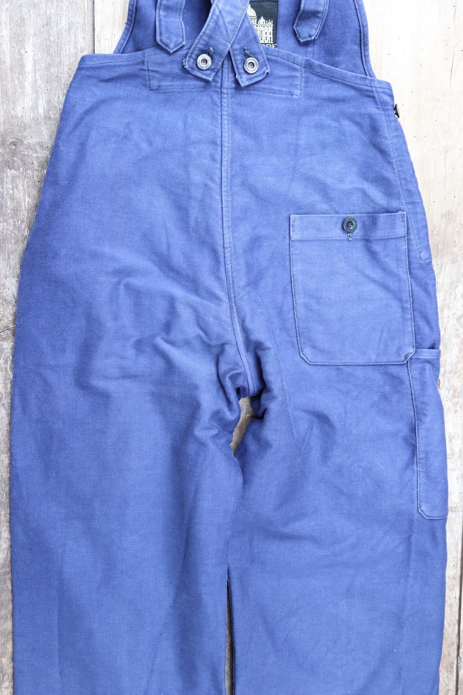 Vintage French workwear overalls dungarees moleskin 1950s 1960s work chore bib brace 27” 28” x 26” bleu de travail