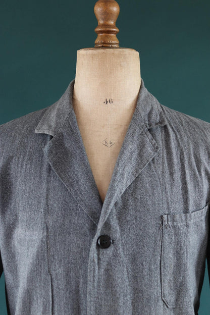 Vintage French workwear jacket salt pepper grey long coat overall 1950s 1960s factory machinist 44” chest selvedge
