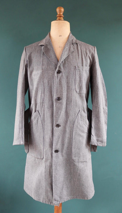 Vintage French workwear jacket salt pepper grey long coat overall 1950s 1960s factory machinist 44” chest selvedge
