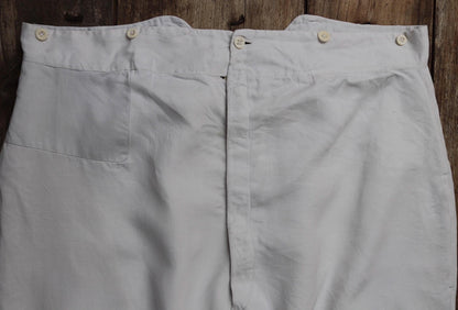 Vintage 1910s 1920s French trousers pants white cotton 41” x 31” riviera beach fishtail v notch cinch back balloon leg bone buttons