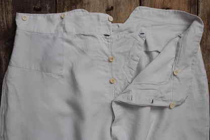 Vintage 1910s 20s French workwear trousers - antique white cotton pants - 41” x 31” - fishtail buckle back - balloon leg - bone buttons