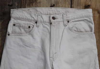 Vintage 1990s 90s Levis 550 Levi Strauss off white ecru red tab small e denim jeans button fly 31” x 30” mod made in USA