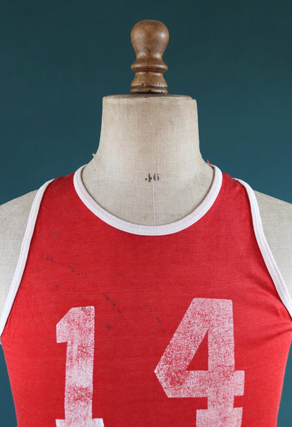 Vintage 1960s 60s vest singlet red white nylon durene 14 athletics sportswear basketball 37" chest