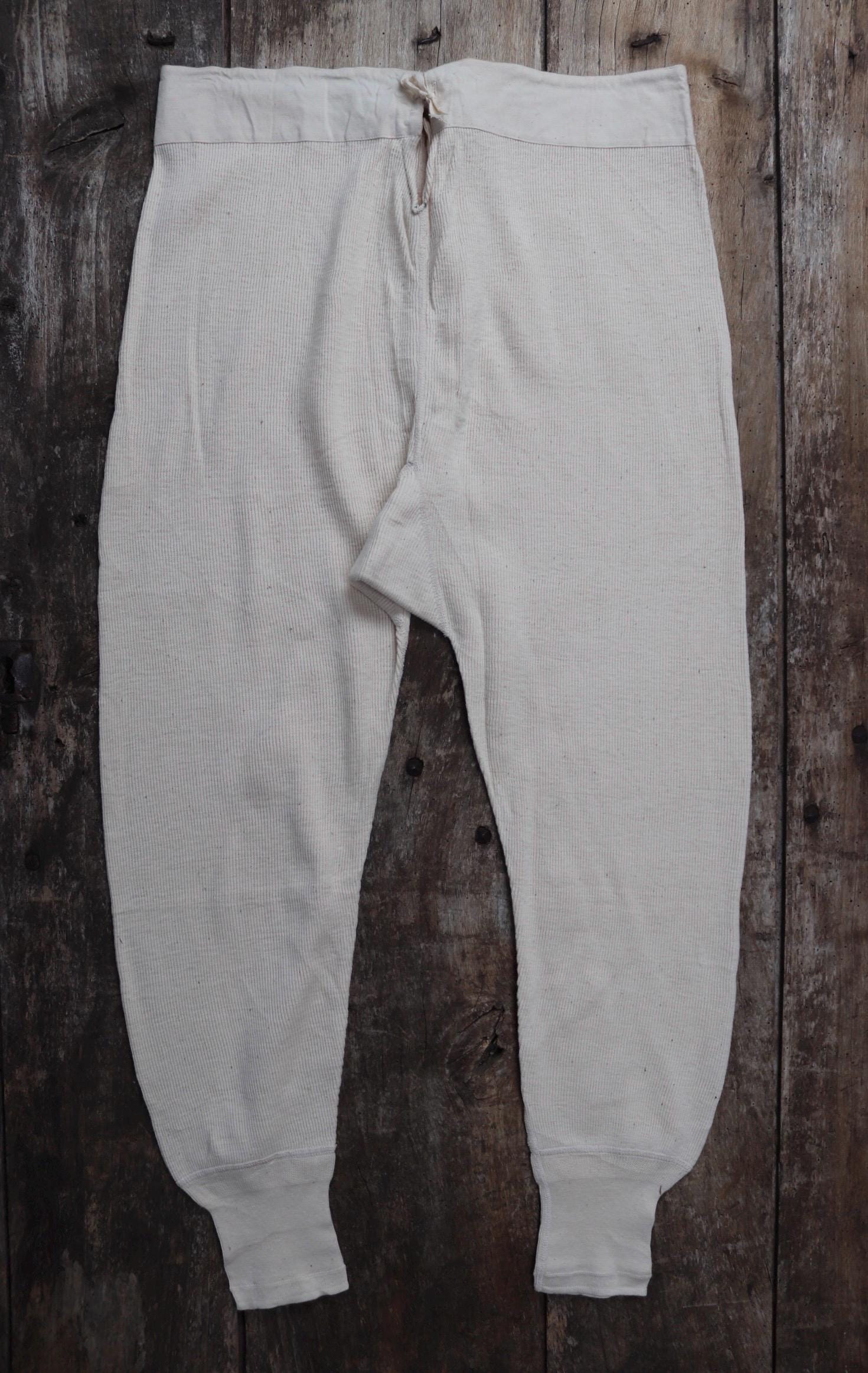 Vintage 1940s WW2 Swedish military underwear - ecru white ribbed cotton long johns - thermal loungewear - 34" x 26"