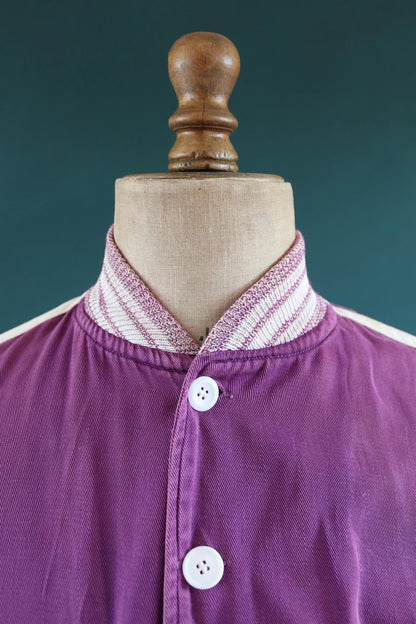Vintage 1950s 50s purple white gabardine varsity jacket chenille patch 42" chest USA college American Ivy League style pharaoh collar