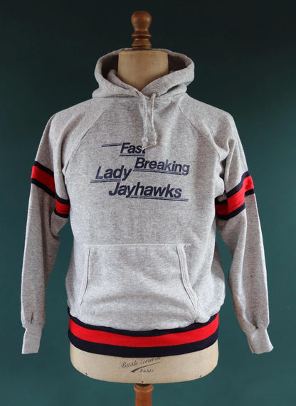 Vintage 1980s 80s Champion grey marl Kansas Fast Breaking Lady Jayhawks basketball hooded hoodie sweatshirt 42" chest sportswear flock