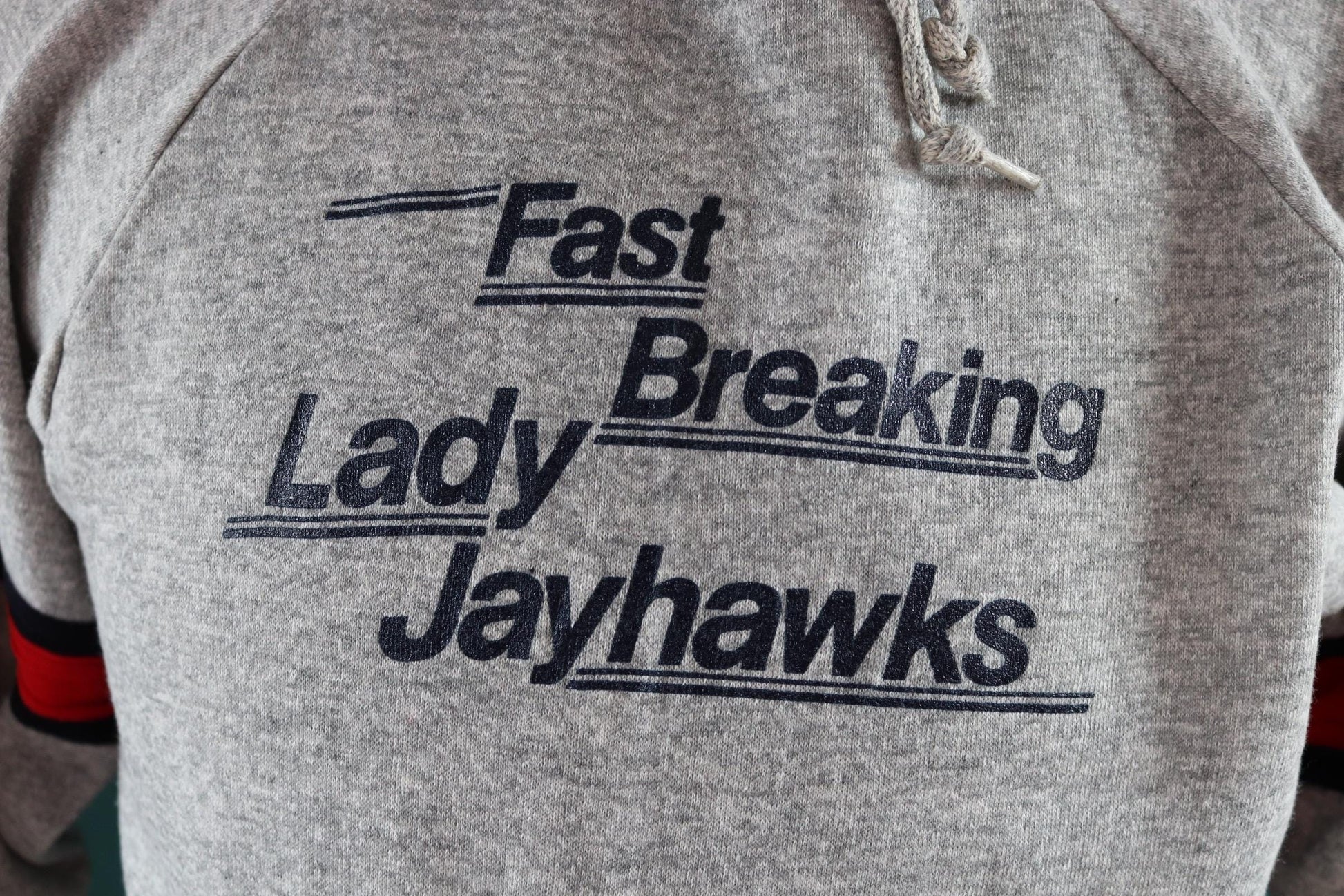 Vintage 1980s 80s Champion grey marl Kansas Fast Breaking Lady Jayhawks basketball hooded hoodie sweatshirt 42" chest sportswear flock