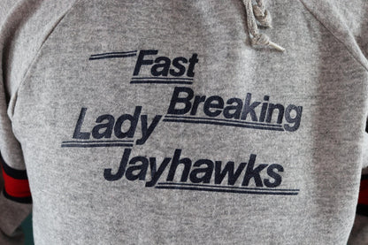 Vintage 1980s 80s Champion grey marl Kansas Fast Breaking Lady Jayhawks basketball hooded hoodie sweatshirt 42" chest sportswear flock