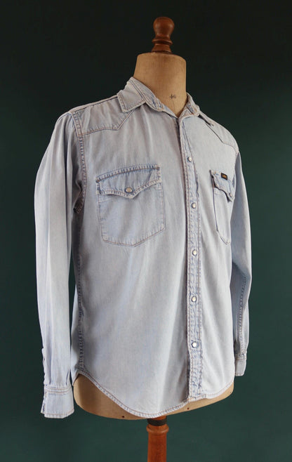 Vintage Lee pale blue chambray denim shirt cowboy western 42" chest pearl snap