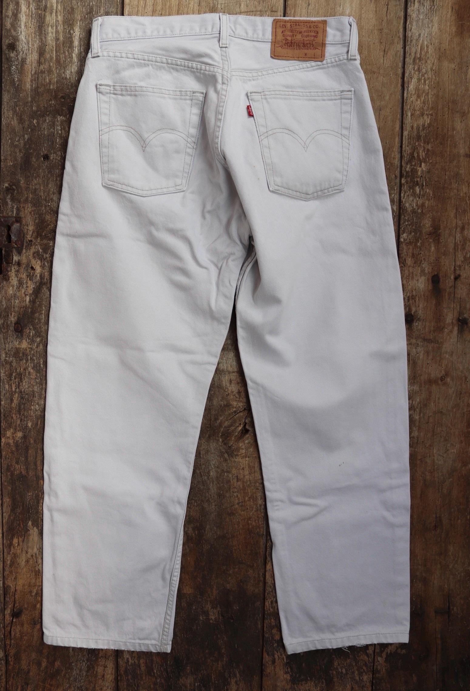 Vintage 1990s 90s Levis 517 Levi Strauss off white grey red tab small e denim jeans button fly 31” x 28” mod