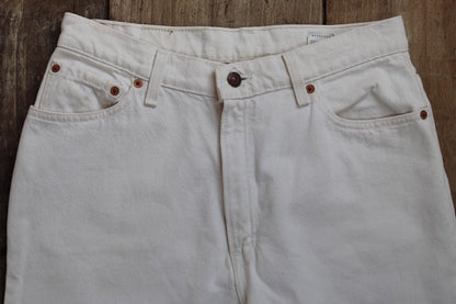 Vintage 1990s 90s Levis 512 Levi Strauss off white red tab small e denim barrel leg mom jeans button fly 30” x 29” mod made in USA