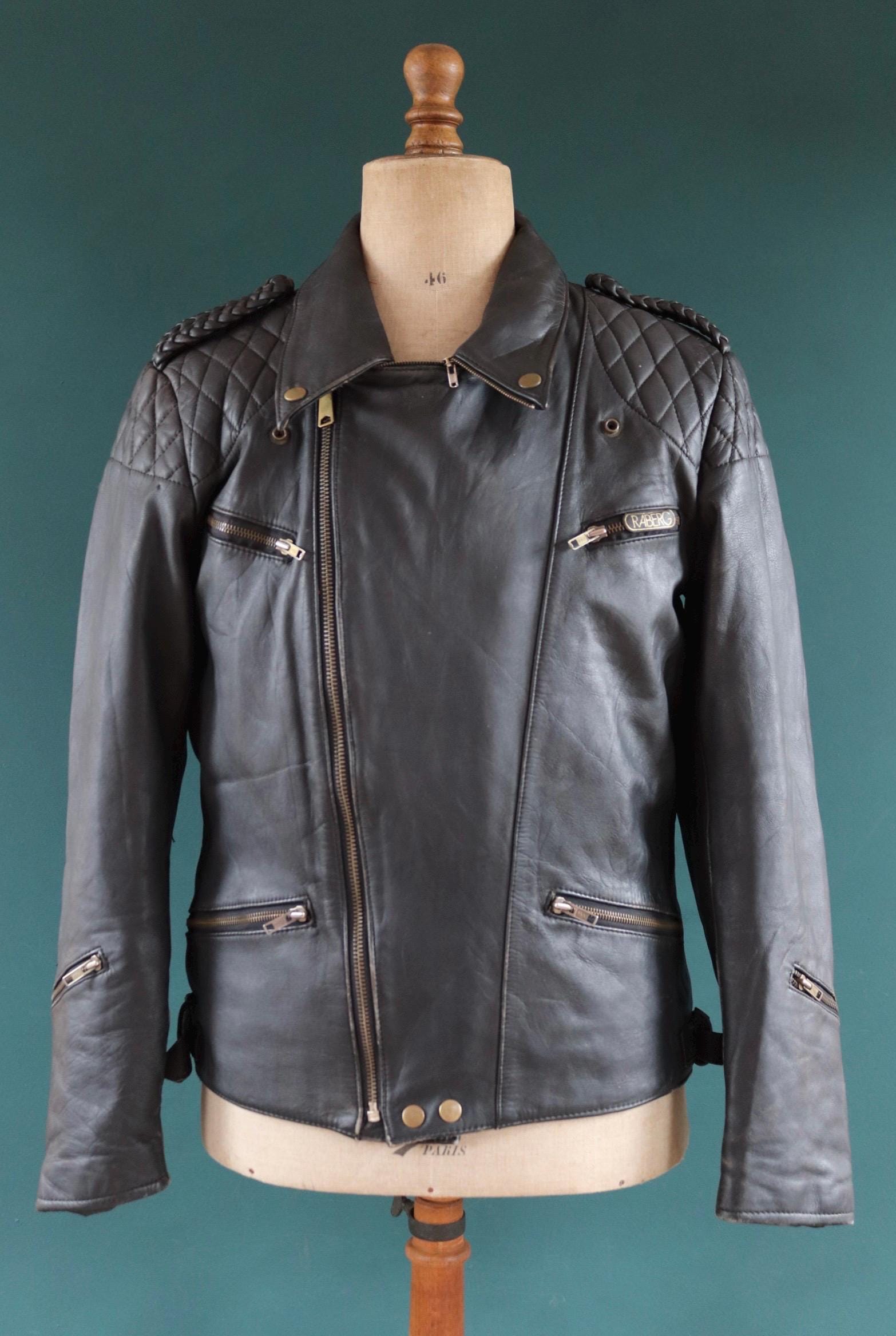 Vintage 1980s 80s 1990s 90s black leather jacket German biker motorcycle plaited quilted epaulettes 44” chest