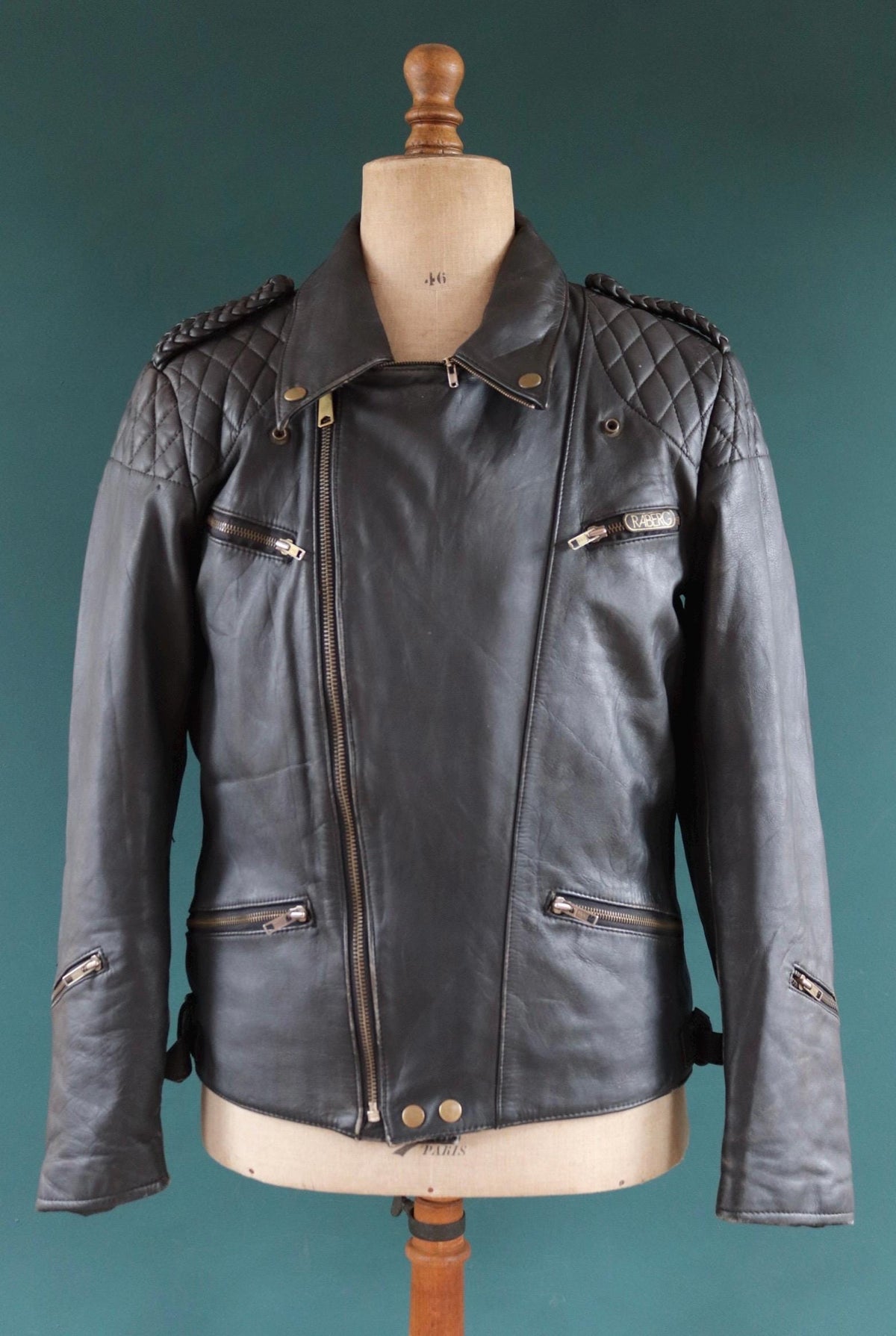 Vintage 1980s black leather biker jacket - 1990s German motorcycle - plaited epaulettes - 44” chest