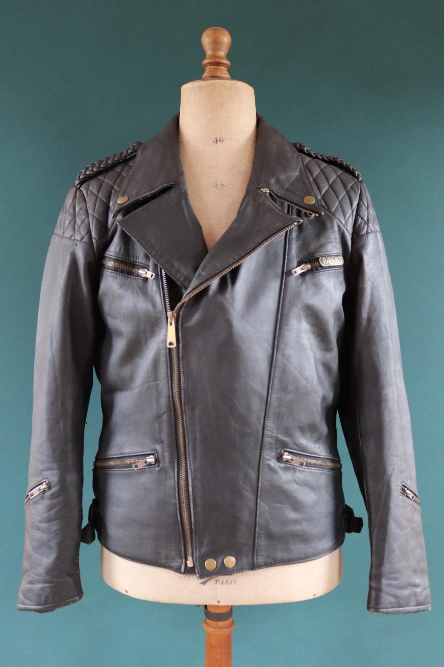 Vintage 1980s 90s black leather biker jacket - German motorcycle - plaited epaulettes - 44” chest