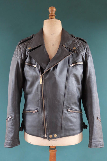 Vintage 1980s 90s black leather biker jacket - German motorcycle - plaited epaulettes - 44” chest