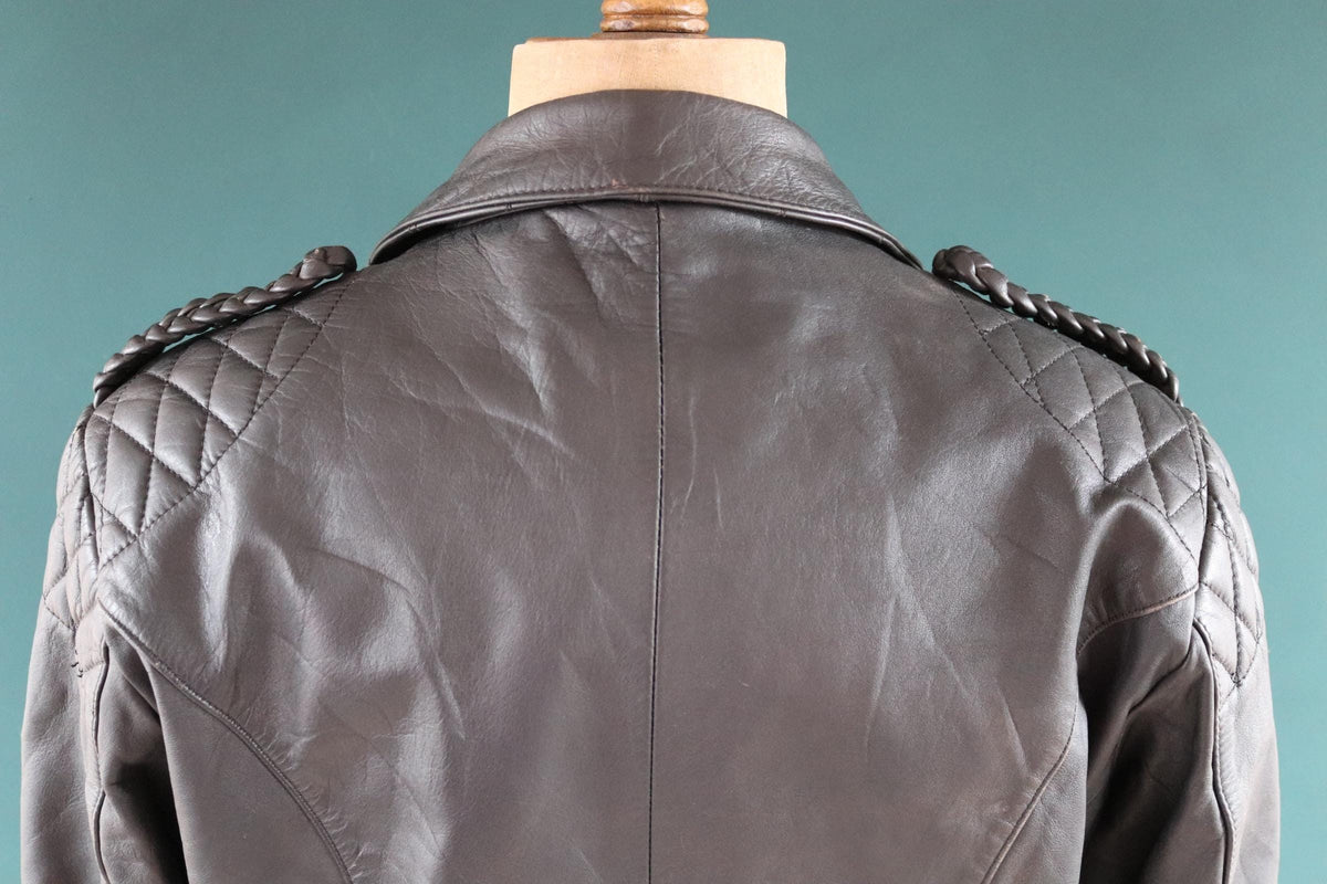 Vintage 1980s black leather biker jacket - 1990s German motorcycle - plaited epaulettes - 44” chest