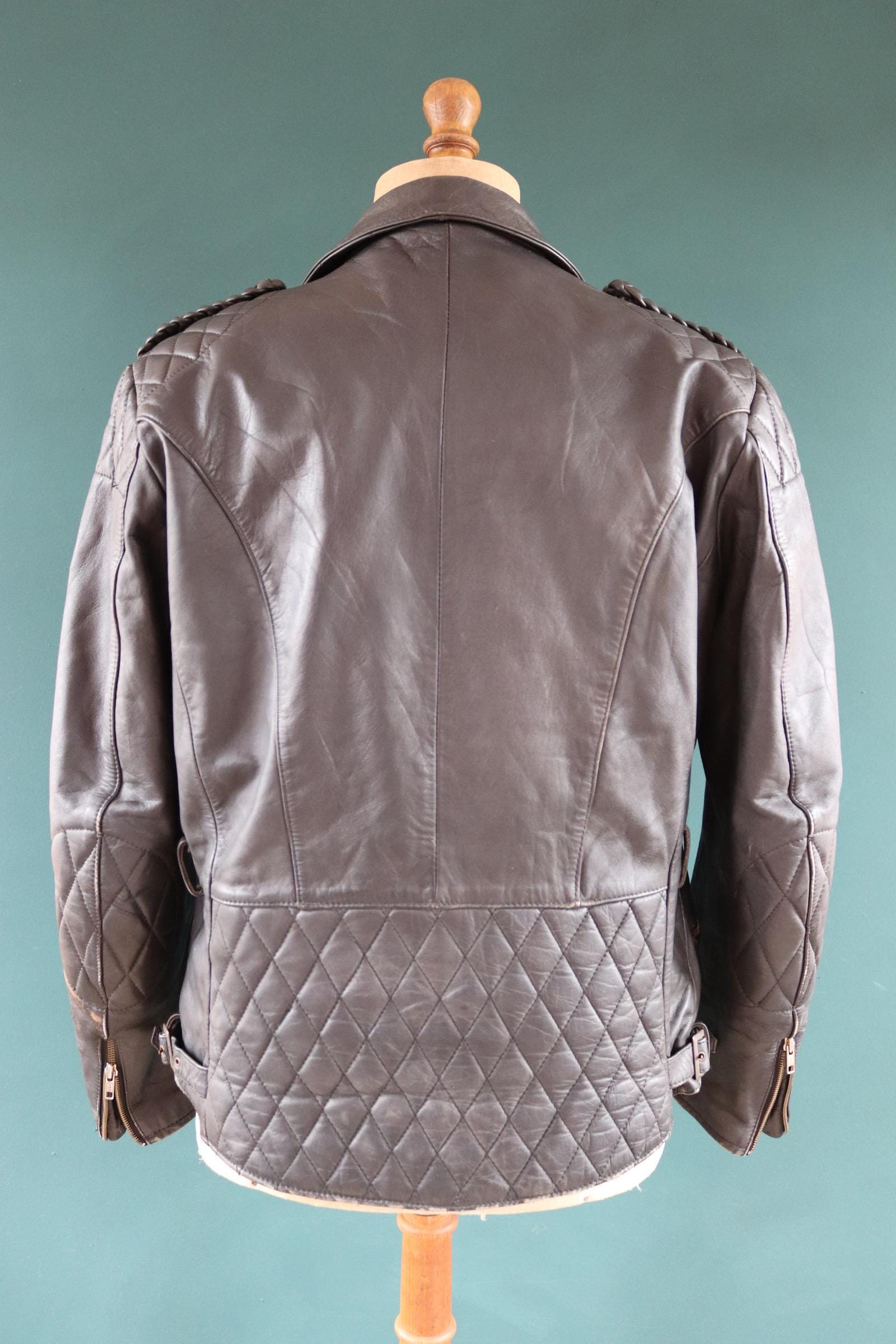 Vintage 1980s 80s 1990s 90s black leather jacket German biker motorcycle plaited quilted epaulettes 44” chest