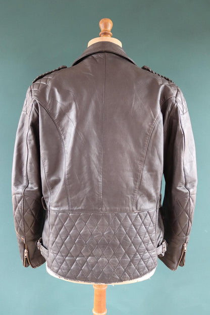 Vintage 1980s 80s 1990s 90s black leather jacket German biker motorcycle plaited quilted epaulettes 44” chest