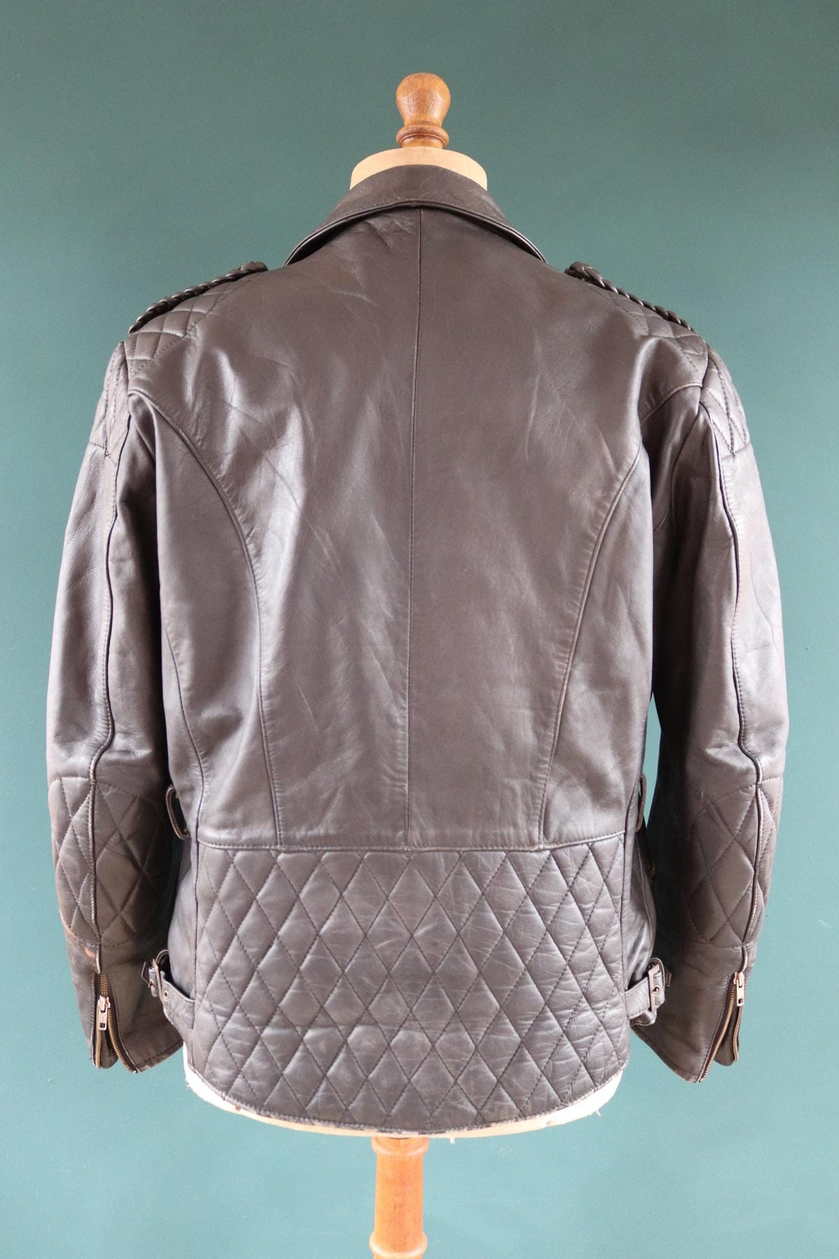 Vintage 1980s black leather biker jacket - 1990s German motorcycle - plaited epaulettes - 44” chest
