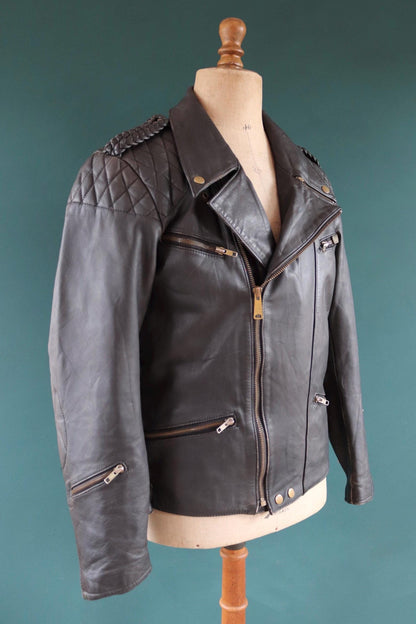 Vintage 1980s black leather biker jacket - 1990s German motorcycle - plaited epaulettes - 44” chest