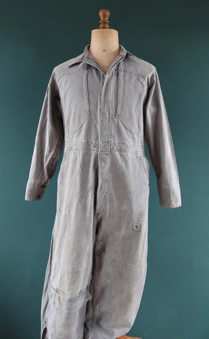 Vintage 1940s 40s 1950s 50s Swedish black cotton denim overalls coveralls mechanic tank crew military work chore workwear 44” x 36” x 27”